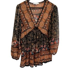 Rose + Olive Black Boho Peasant Top Size S